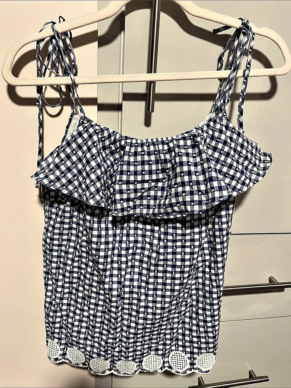 J.Crew Gingham Ruffle Top with Eyelet Trim Blue & White Size 2